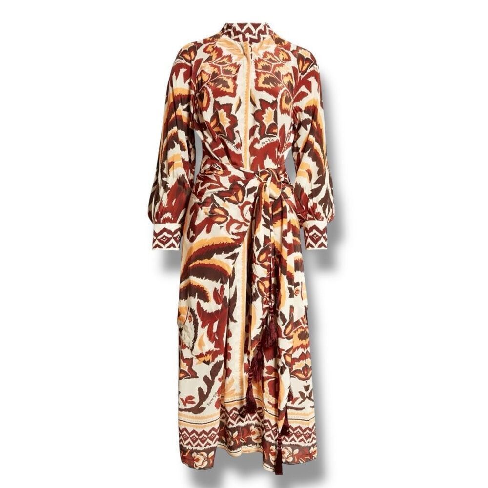 Printed Tie-Waist Midi Dress in Rust & Cream